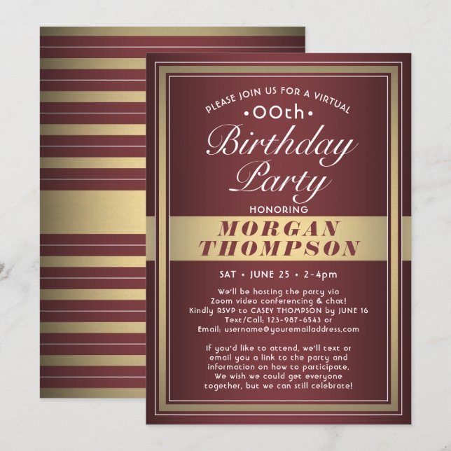 Virtual Any Birthday Burgundy Red Gold White Party Invitation (Front/Back)