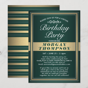 Virtual Any Birthday Green Gold and White Party Invitation