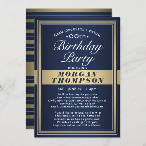 Virtual Any Birthday Navy Blue Gold  White Party Invitation