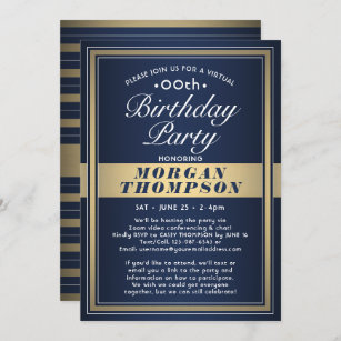 Virtual Any Birthday Navy Blue Gold & White Party Invitation