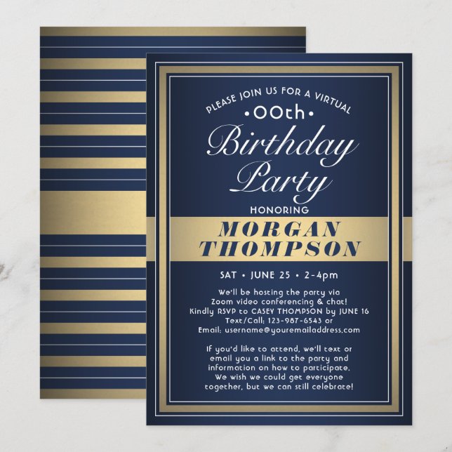Virtual Any Birthday Navy Blue Gold & White Party Invitation (Front/Back)