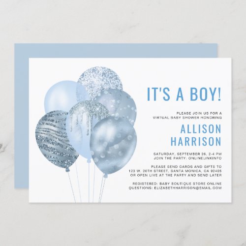 Virtual Baby Boy Shower Balloons Blue Glitter Invitation