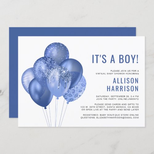 Virtual Baby Boy Shower Blue Glitter Balloons Invitation