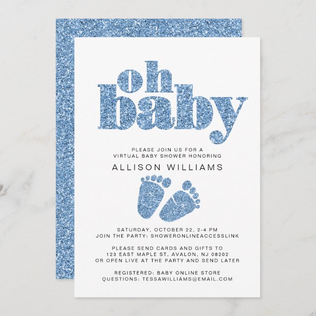 Virtual Baby Boy Shower Blue Glitter Invitation (Front/Back)