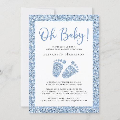 Virtual Baby Boy Shower Blue Glitter Invitation