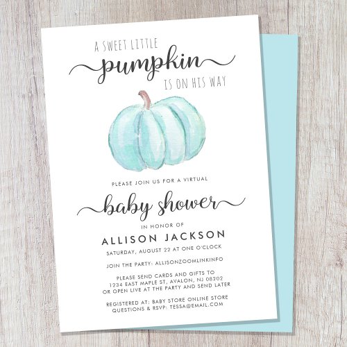 Virtual Baby Boy Shower Blue Pumpkin Watercolor Invitation