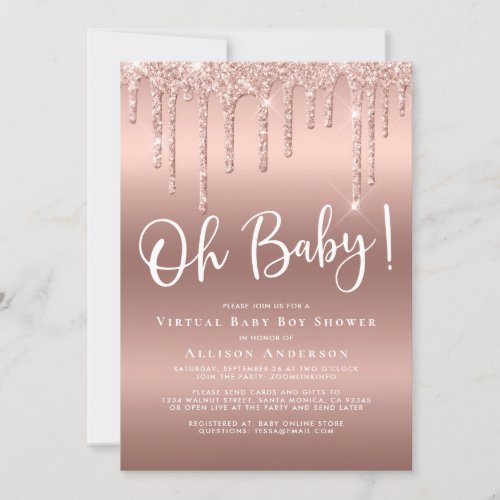 Virtual Baby Boy Shower Glitter Drip Rose Gold Invitation