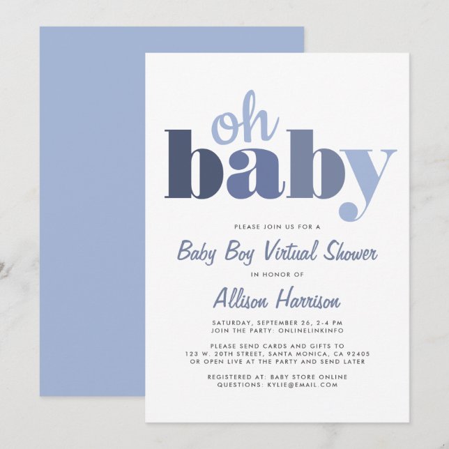 Virtual Baby Boy Shower Oh Baby Blue Invitation (Front/Back)