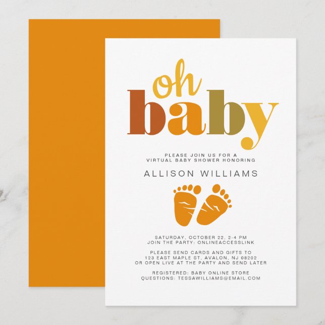 Virtual Baby Boy Shower Orange Green Typography Invitation (Front/Back)