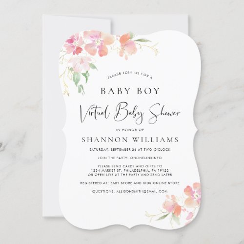 Virtual Baby Boy Shower Pink Floral Watercolor Invitation