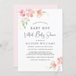 Virtual Baby Boy Shower Pink Floral Watercolor Invitation