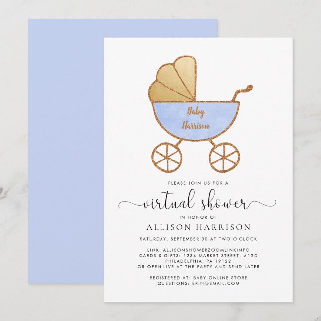 Virtual Baby Boy Shower Retro Carriage Blue Invitation (Front/Back)