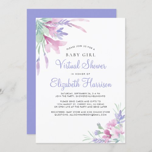 Virtual Baby Girl Shower Floral Purple Watercolor Invitation