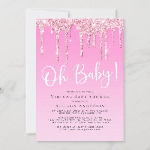 Virtual Baby Girl Shower Glitter Drip Pink Invitation