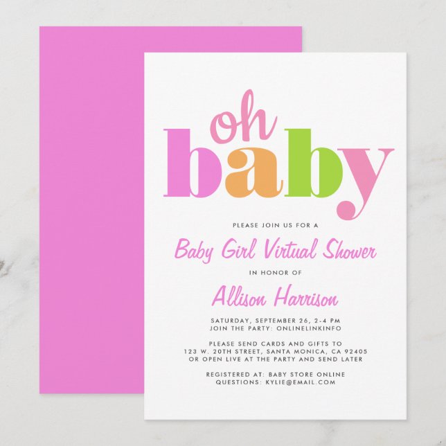 Virtual Baby Girl Shower Oh Baby Bright Pink Invitation (Front/Back)