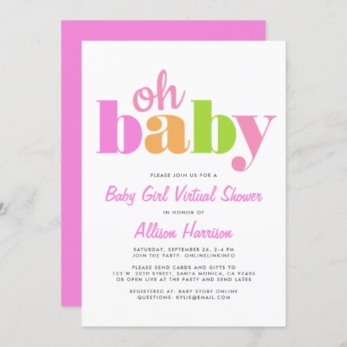 Virtual Baby Girl Shower Oh Baby Bright Pink Invitation