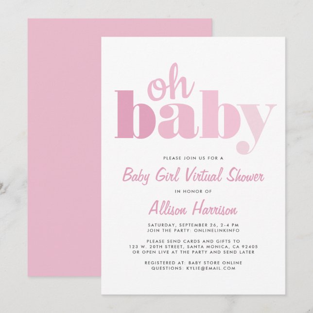 Virtual Baby Girl Shower Oh Baby Pink Invitation (Front/Back)