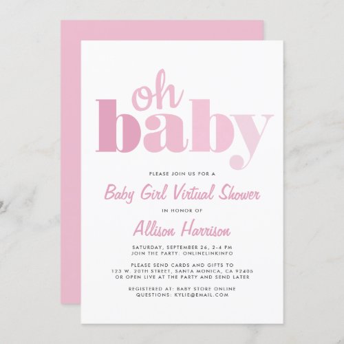 Virtual Baby Girl Shower Oh Baby Pink Invitation