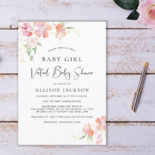 Virtual Baby Girl Shower   Pink Coral Gold Floral Invitation