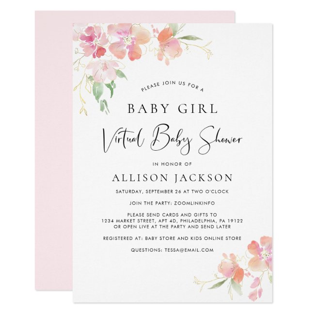 Virtual Baby Girl Shower | Pink Coral Gold Floral Invitation