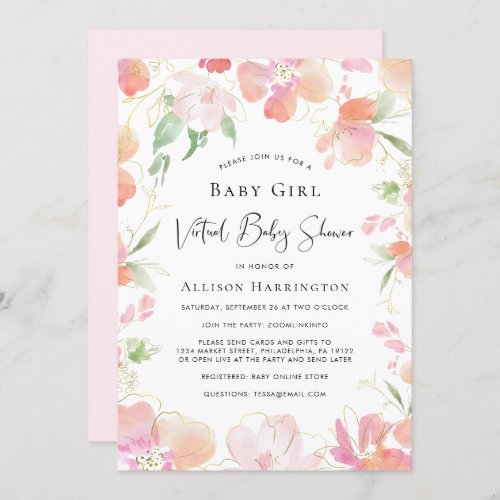 Virtual Baby Girl Shower Pink Floral Watercolor Invitation