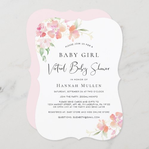 Virtual Baby Girl Shower Pink Floral Watercolor Invitation