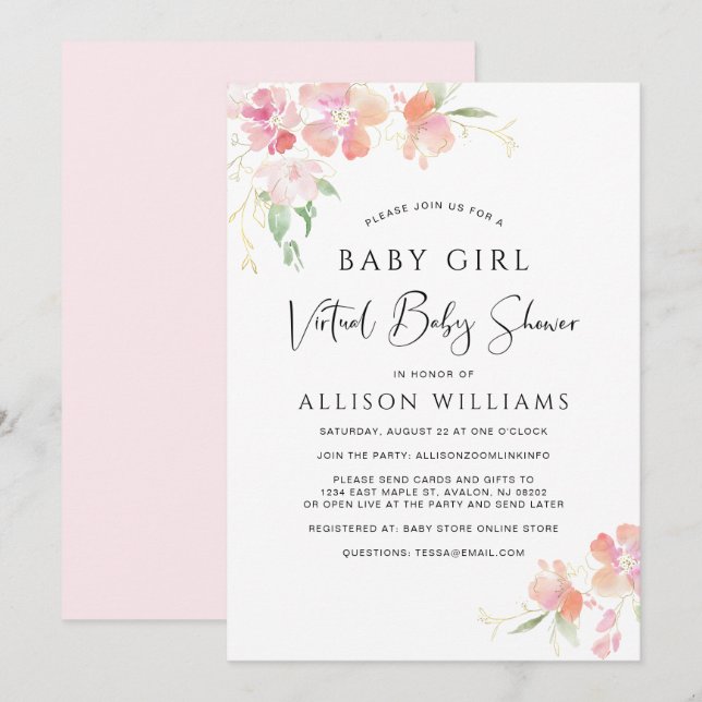 Virtual Baby Girl Shower Pink Floral Watercolor Invitation (Front/Back)