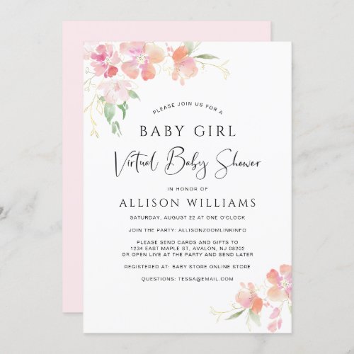 Virtual Baby Girl Shower Pink Floral Watercolor Invitation