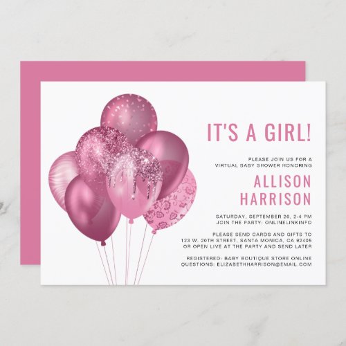 Virtual Baby Girl Shower Pink Glitter Balloons Invitation