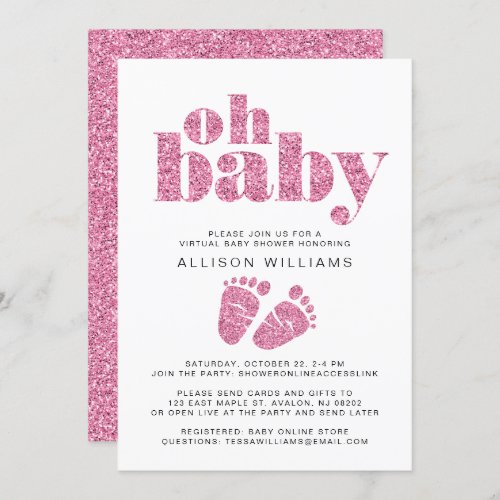 Virtual Baby Girl Shower Pink Glitter Invitation