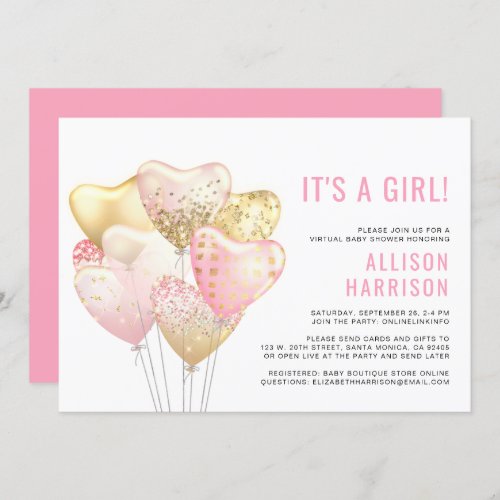 Virtual Baby Girl Shower Pink Gold Glitter Balloon Invitation