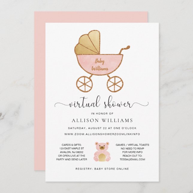 Virtual Baby Girl Shower Pink Gold Retro Carriage Invitation (Front/Back)