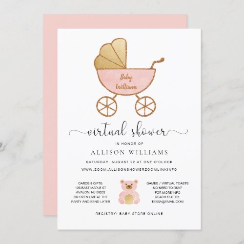 Virtual Baby Girl Shower Pink Gold Retro Carriage Invitation