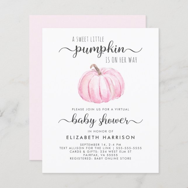Virtual Baby Girl Shower Pink Pumpkin Invitation (Front/Back)