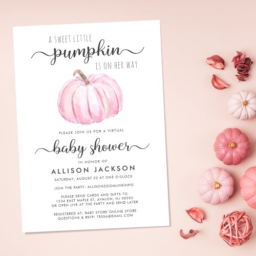 Virtual Baby Girl Shower Pink Pumpkin Watercolor Invitation