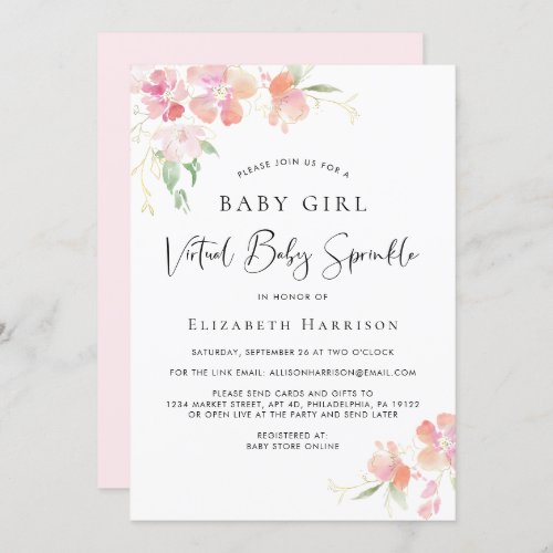 Virtual Baby Girl Sprinkle Pink Floral Watercolor Invitation