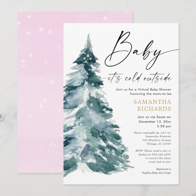 Virtual baby shower Baby it's cold outside girl Invitation (Front/Back)