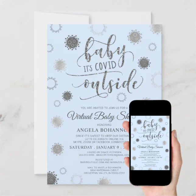 Virtual Baby Shower BABY ITS COVID OUTSIDE Blue Invitation Zazzle