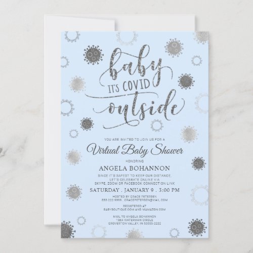 Virtual Baby Shower BABY ITS COVID OUTSIDE Blue Invitation
