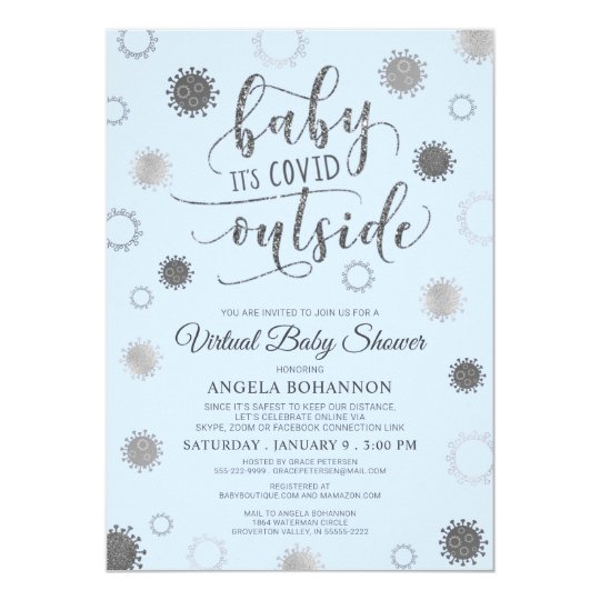 Virtual Baby Shower BABY ITS COVID OUTSIDE Blue Invitation