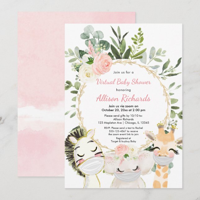 Virtual baby shower blush pink gold floral animals invitation (Front/Back)
