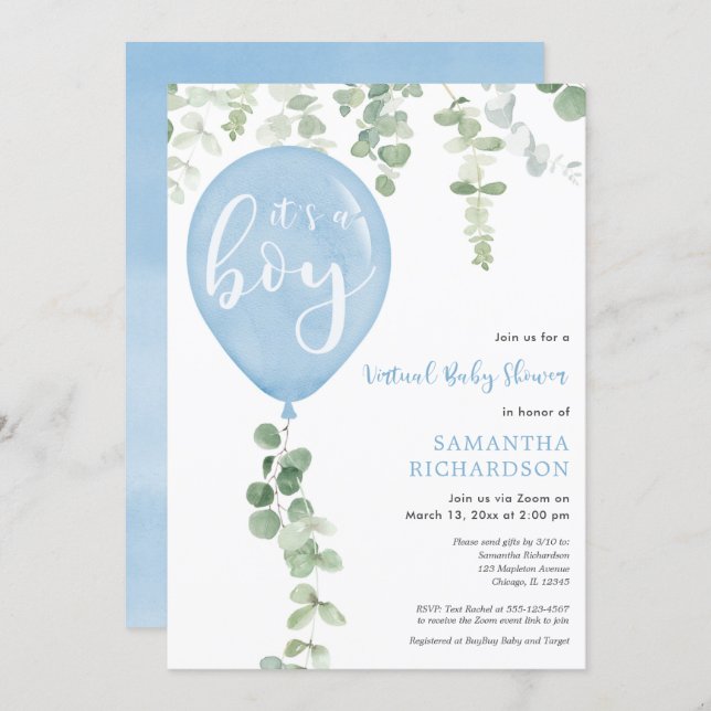 Virtual baby shower boy blue balloons eucalyptus invitation (Front/Back)