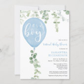 Virtual baby shower boy blue balloons eucalyptus invitation (Front)