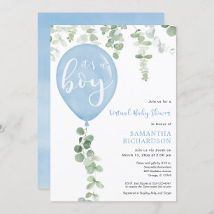 Virtual baby shower boy blue balloons eucalyptus invitation