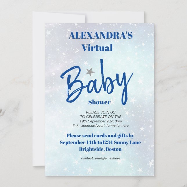 Virtual Baby Shower Boy Blue Modern Star Is Born Invitation (Back)