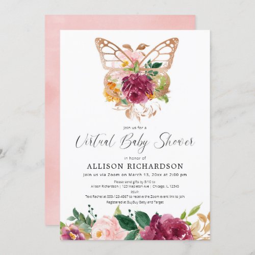 Virtual Baby Shower butterfly blush burgundy girl Invitation