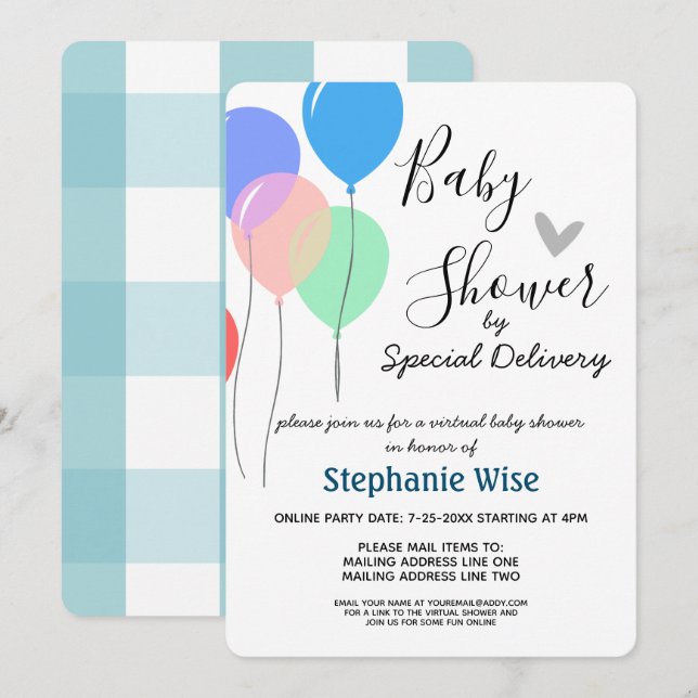 Virtual Baby Shower by Mail Balloons Invitation (Front/Back)