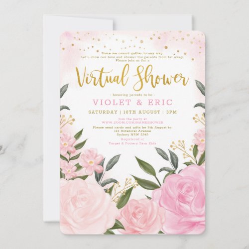 Virtual Baby Shower By Mail Blush Pink Gold Roses Invitation