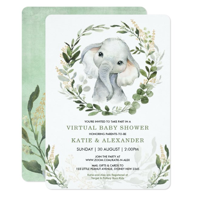 Virtual Baby Shower By Mail | Greenery Elephant Invitation