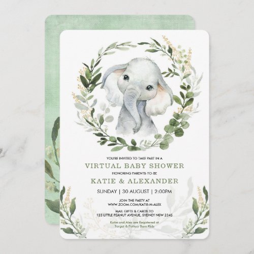Virtual Baby Shower By Mail  Greenery Elephant Invitation